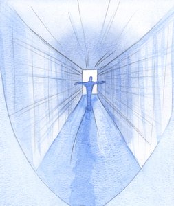 På reisen gjennom å dø og død (som gjennom en lys korridor) stoler den nakne sjelen på Den Hellige Ånd innenfor, 2001 (w/c på papir) av Elizabeth Wang