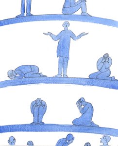 I skjærsildens nedre dyp er sjeler - som desperate mennesker i et middelaldersk fangehull som klemmer seg tett inntil veggene - som ikke har noen å be for dem., 2004 (w/c på papir) av Elizabeth Wang