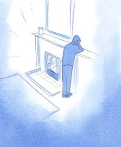 Det er i Gud vi kan finne et kjærlig hjem eller et ildsted, med lys og varme. "Utenfor" Ham er bare smerte og mørke, 2002 (w/c på papir) av Elizabeth Wang