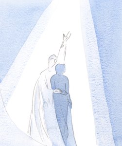 Det er bare ved Kristi kraft og vilje at vi kan unnslippe distraksjoner, for å gjennombore himmelen i uanstrengte bønner., 2001 (w/c på papir) av Elizabeth Wang