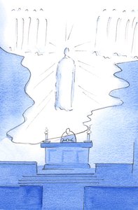 Det var som om selve himmelens gulv ble utvidet over alteret, slik at Kristus var tilstede både i himmelen og på alteret, 2003 (w/c på papir) av Elizabeth Wang