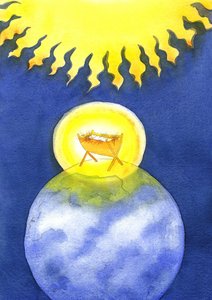 Jesus Kristus er et menneskeskapt menneske; likevel kom han til jorden ikke med makt, men som en hjelpeløs baby, 2001 (w/c på papir) av Elizabeth Wang