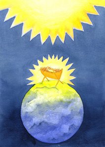 Jesus Kristus er et menneskeskapt menneske; likevel kom han til jorden ikke med makt, men som en hjelpeløs baby, 2001 (w/c på papir) av Elizabeth Wang
