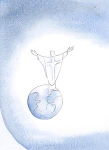 Jesus Kristus er vår yppersteprest som går i forbønn for oss til Faderen ved hver messe, 2000 (w/c på papir) av Elizabeth Wang