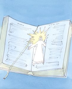 Jesus Kristus er åpenbart for oss gjennom sitt hellige ord, hver gang vi leser Skriften eller hører dem forkynt i messen. Gjennom ham blir vi kjent med Faderen., 2004 (w/c på papir) av Elizabeth Wang