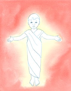 Jesus Kristus er sann Gud, som tok på seg vår menneskelige natur, og hadde ydmykhet og godhet til å komme blant oss som et spedbarn, 2003 (w/c på papir) av Elizabeth Wang