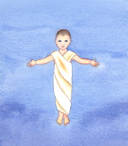 Jesus Kristus er sann Gud, som tok på seg vår menneskelige natur, og hadde ydmykhet og godhet til å komme blant oss som et spedbarn, 2003 (w/c på papir) av Elizabeth Wang