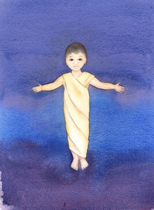 Jesus Kristus er sann Gud, som tok på seg vår menneskelige natur, og hadde ydmykhet og godhet til å komme blant oss som et spedbarn, 2003 (w/c på papir) av Elizabeth Wang