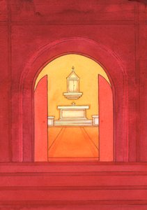 Jesus Kristus er virkelig til stede i det hellige sakramentet i tabernaklet, 2004 (w/c på papir) av Elizabeth Wang