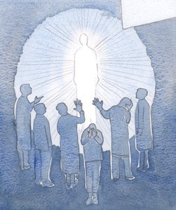 Jesus brenner i himmelen med renhet og kraft, 2000 (w/c på papir) av Elizabeth Wang