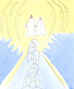 Jesus korsfestet venter ved himmelens port, med sin mor Maria og de hellige engler, 2000 (w/c på papir) av Elizabeth Wang