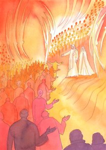 Jesus korsfestet venter ved himmelens port, med sin mor Maria og de hellige engler, 2000 (w/c på papir) av Elizabeth Wang