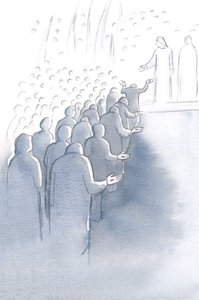Jesus korsfestet venter ved himmelens port, med sin mor Maria og de hellige engler, 2000 (w/c på papir) av Elizabeth Wang