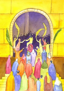 Jesus går inn i Jerusalem i prosesjon (palmesøndag), 2001 (w/c på papir) av Elizabeth Wang
