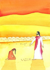 Jesus tilgir kvinnen tatt i utroskap, 2006 (w/c på papir) av Elizabeth Wang