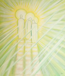 Jesus gir stor forbønnskraft til Vår Frue og St. Josef, og til alle som ber for andre i hans navn, 2000 (olje om bord) av Elizabeth Wang