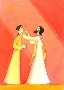 Jesus helbreder den døve, mens han løfter øynene mot himmelen, i bønn, 2001 (w/c på papir) av Elizabeth Wang