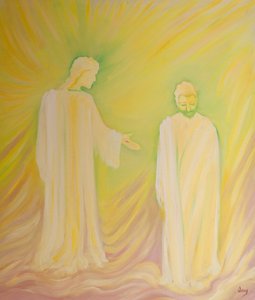 Jesus hedrer St. Josef sin fosterfar og ber oss beundre hans dyder og be om hans bønner, 2000 (olje om bord) av Elizabeth Wang