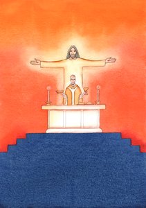Jesus er tilstede hos oss i messen og ber til Faderen på våre vegne, om hjelp til våre behov og om evig frelse. Vi kan forene alle våre bønner med hans store offerbønn, 2004 (w/c on pa av Elizabeth Wang