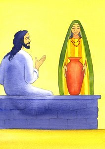 Jesus møter den samaritanske kvinnen ved brønnen, 2001 (w/c på papir) av Elizabeth Wang
