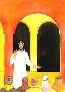 Jesus forkynte i tempelet, talte sannhet og gjorde noen mennesker sinte som deretter planla for å skade ham, 2001 (w/c på papir) av Elizabeth Wang