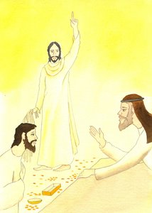 Jesus sier til pengevekslerne i tempelet: Står det ikke skrevet: "Mitt hus skal kalles et bedehus for alle folkeslag?", 2001 (w/c på papir) av Elizabeth Wang