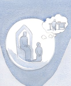 Jesus venter med uendelig tålmodighet og vennlighet, når jeg har bestemt meg for å be, men finner ut at jeg blir distrahert av tanker om arbeidet jeg har gjort, 2000 (w/c på papir) av Elizabeth Wang
