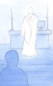 Jesus var til stede blant oss i messen, kledd som en prest, snudde seg mot oss for å lede oss inn i bønn, 2000 (w/c på papir) av Elizabeth Wang