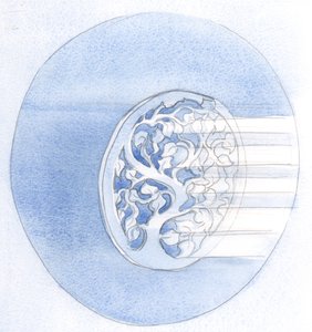 Akkurat som et ødelagt design (på en gullplate) kan repareres av et tilsatt stoff, slik blir vår bønn fullkommen ved dens forening med Kristi bønn, 2000 (w/c på papir) av Elizabeth Wang