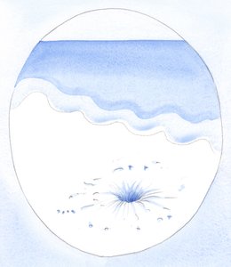 Akkurat som lys og luft strømmer inn i et hulrom under sand, strømmer Guds nåde inn i en sjel "uthulet" av handlinger av selvfornektelse, 2002 (w/c på papir) av Elizabeth Wang