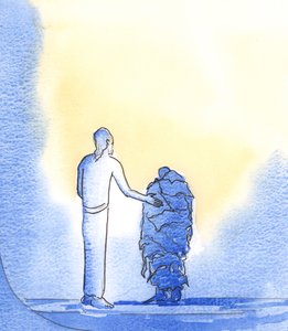 Som fattige tiggere trenger vi Kristi hjelp, som ber til Faderen på våre vegne, hver gang vi ber i hans navn, 2002 (w/c på papir) av Elizabeth Wang