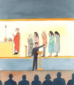 Mange katolikker i dag, som ikke tror på alle kirkens læresetninger, maler en karikatur av tiden før Det siste konsilet, 2005 (akvarell på papir) av Elizabeth Wang