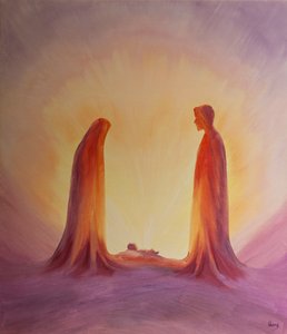 Maria og Josef ser med tro på Jesusbarnet ved fødselen hans, 2001 (olje om bord) av Elizabeth Wang
