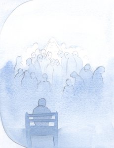Mary ventet fredelig, mens jeg listet opp alle de kjære i bønn - prester og mange andre., 2001 (w/c på papir) av Elizabeth Wang