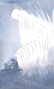 My Guardian Angel, og mange andre, bøyde seg i ærbødig bønn for ordene: "Ære være Faderen?", 2001 (w/c på papir) av Elizabeth Wang