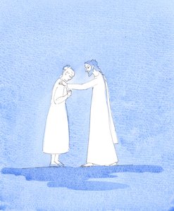 Uansett hvilke vanskeligheter ektefeller møter, er det fortsatt Kristi vilje at de holder løftene de avla, da hver av dem lovet å elske og ære den andre «på godt og vondt» – med Guds hjelp, 2005 (akvarell på papir) av Elizabeth Wang