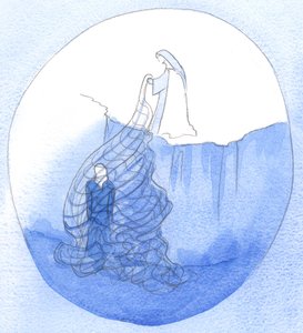 Når en helgen ser oss nærme seg en helligdom, og når vi ser vår hengivenhet, slipper en "nett" av nåde for å trekke oss nærmere himmelen, 2002 (w/c på papir) av Elizabeth Wang