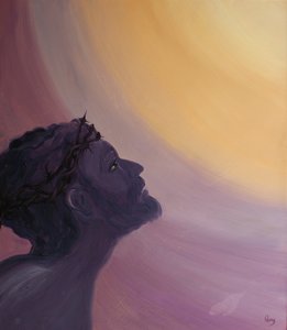 På korset elsket Jesus sine medmennesker og kvinner med sin guddommelige kjærlighet og tilbød en uendelig oppreisning for deres krenkelser, 2001 (olje om bord) av Elizabeth Wang