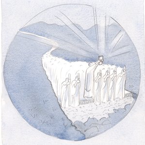 På den hellige tradisjons vei, holder de hellige skrifter høyt, går lærerne langs: biskoper og prester med hele folket., 2001 (w/c på papir) av Elizabeth Wang