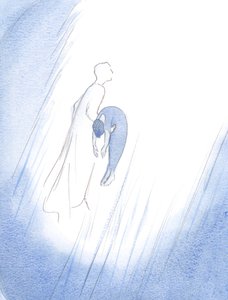 En gang omfavnet Kristus raskt en avdød sjel etter dens renselse, og løftet den - som en nyfødt baby som nettopp ble født - høyt mot himmelen., 2001 (w/c på papir) av Elizabeth Wang