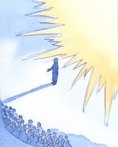 En som står veldig nær Kristus, er "glansert" av hans herlighet, selv om hun alene er liten, svak og ubetydelig, 2002 (w/c på papir) av Elizabeth Wang
