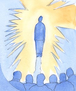 En som står veldig nær Kristus, er "glansert" av hans herlighet, selv om hun alene er liten, svak og ubetydelig, 2002 (w/c på papir) av Elizabeth Wang