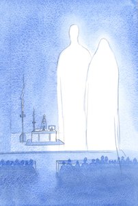 Vår velsignede frue er til stede sammen med oss på vår påskefeiring. Med hele himmelen lytter hun til lovsangen til Hennes guddommelige sønn, 2001 (w/c på papir) av Elizabeth Wang