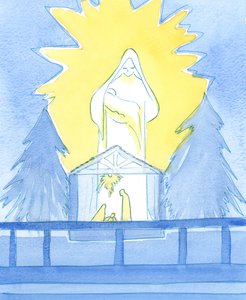 Vår Velsignede Frue sto i Fruekapellet, i herlighet, og viste hvordan hun deler vår glede på festen for fødselen til sin sønn, Vår Herre, 2003 (w/c på papir) av Elizabeth Wang