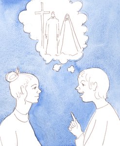 Vår Fader i himmelen ser med glede på alle som snakker med andre om sin Sønn, Jesus og Jesu hellige mor Maria, 2004 (w/c på papir) av Elizabeth Wang