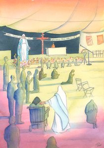 Vår Frue kommer for å være med oss når vi tilber Gud og ærer henne, 2004 (w/c på papir) av Elizabeth Wang