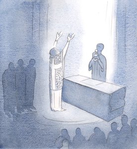 Våre bønner blir hørt av denne grunn: De er knyttet til bønnen til Kristus som er tilstede, vår evige yppersteprest., 2001 (w/c på papir) av Elizabeth Wang