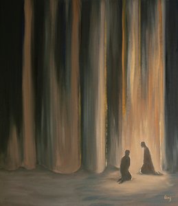 Våre bønner, selv i mørket, forener oss med Jesus, som forbereder oss på den himmelske herligheten som ligger bak forhenget, 2001 (olje om bord) av Elizabeth Wang