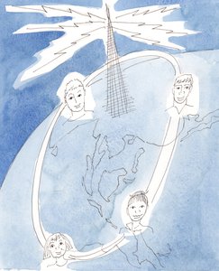 Vårt åndelige nattverd, i de helliges kommunion, er som forbindelsen i en telefonkonferanse, 2003 (w/c på papir) av Elizabeth Wang