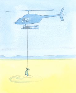 Folk blir hjulpet av våre forbønn for dem i bønn like sikkert som en desperat person fanget i en kvikksand blir hjulpet av venner som vinsjer ham i sikkerhet fra et helikopter, 2003 (w/c på papir) av Elizabeth Wang